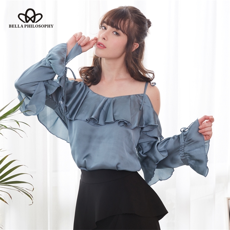 

spring women full butterfly sleeve shirt sexy sling ladies fashion blouse slash neck female solid blusas 210519, Blue