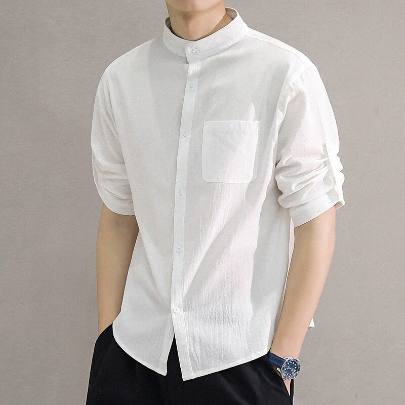 Chemise pour hommes Collier debout solide Casual Casual 3/4 Longueur Sleeve Tops Simple Style chinois Blanc Black Armée Vert Q4Mi #