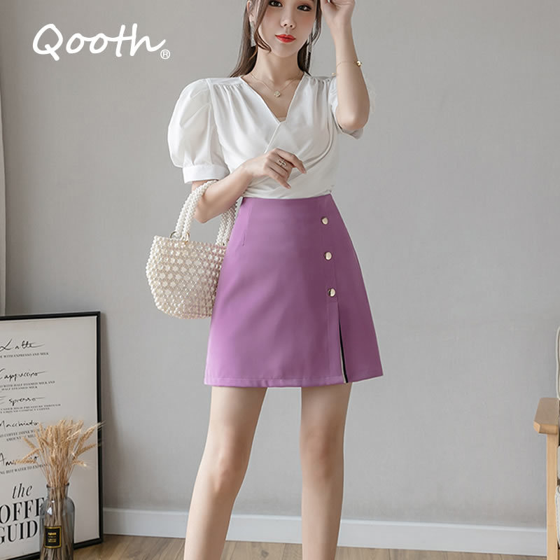 

Qooth Office Lady Preppy Mini Skirts Summer Autumn Split Hem Plus Size XXL A Line Skorts With Button 3 Colors QT076 210518, Purple