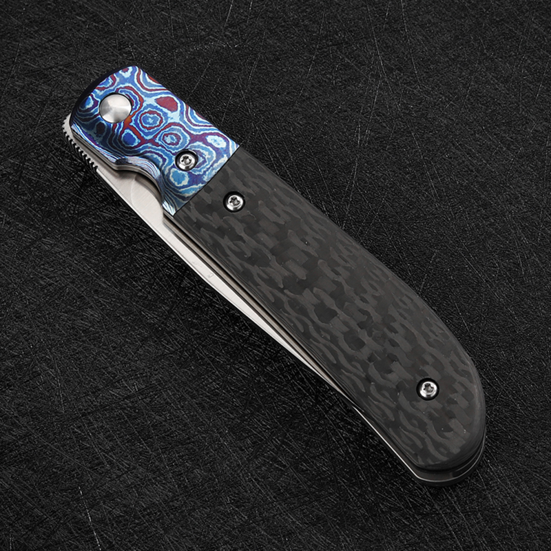 

Smke Knives Custom Bull Trapper Front Flipper Pocket Folding Knife S90V Satin Blade Timascus + Carbon Fiber Handle Tactical Survival Knife