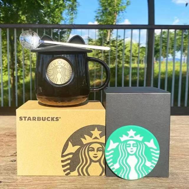 

414ML Starbucks Cup Luxury Kiss Cups with Lids and Spoon Ceramic Mugs Married Couples Anniversary Mermaid Bronze Medallion Products Gift, As show