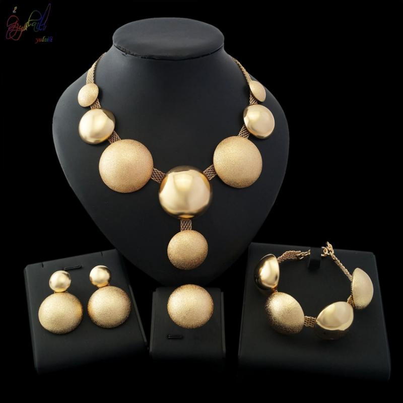 

Earrings & Necklace Yulaili African Jewelry Sets Round Bracelet Dubai Gold Set For Women Wedding Party Bridal Ring, As pic