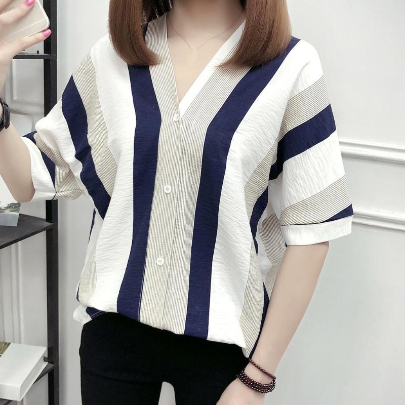 

Women's Blouses & Shirts Graphic Woman Aesthetic Fashion Women Top Stripe Shirt Short Sleeve V-neck Leisure Loose T-shirty Damskie, White
