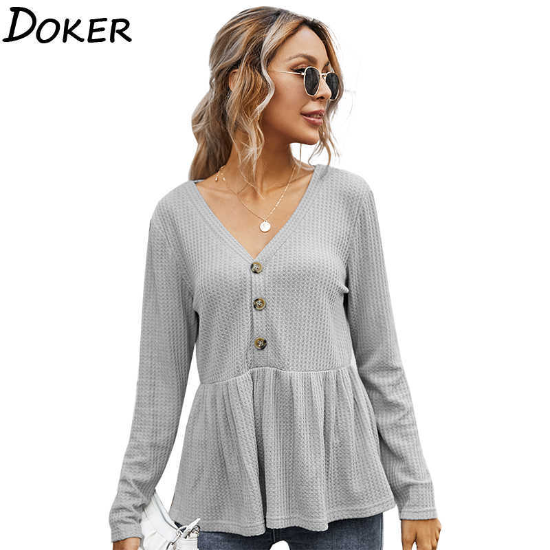

Solid Color Simple Deep V Neck Button T Shirt Women Casual Long Sleeve Pleated Streetwear Tops Female 210604, Gray