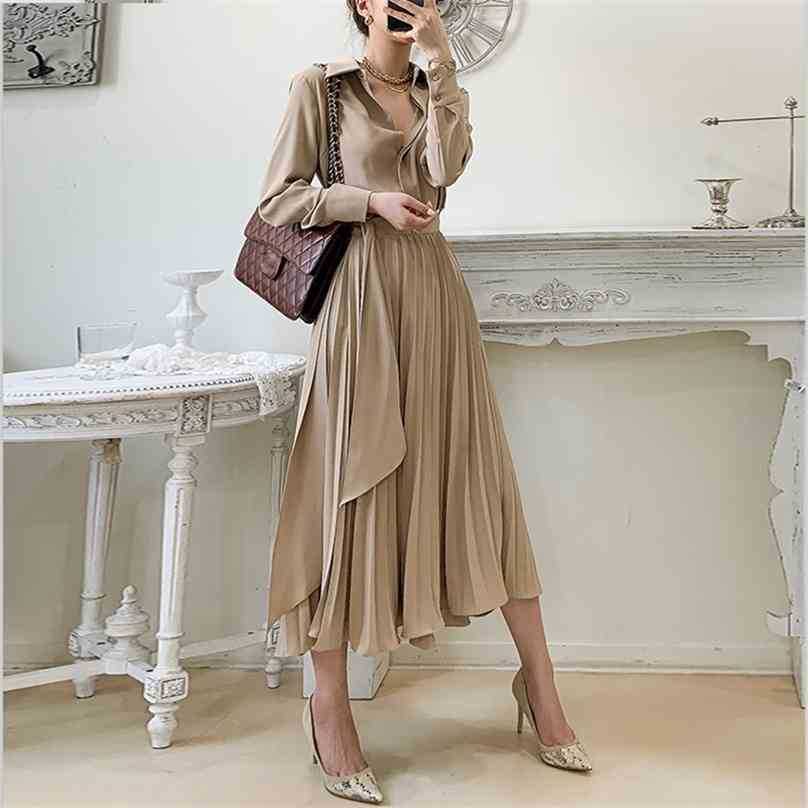 

Women Elegant Pleated Office Dress Spring Autumn Long Sleeve Patchwork Bandage Dresses Ladies Robe Vestidos 210525, Khaki