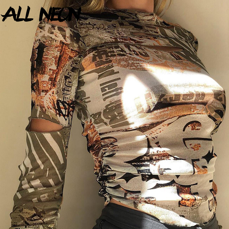 

ALLNeon E-girl Vintage Printing Holloe Out Long Sleeve Crop Tops Harajuku O-neck Ruched Slim T-shirts Autumn Streetwear Y2K Tees, Khaki