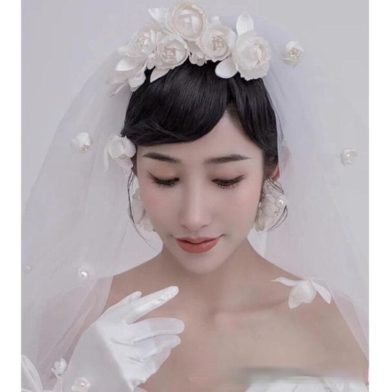 

Bridal Veils Romantic French Rose Bud Bride Wedding Veil Mid-Length Head Accessories Vintage, As pic