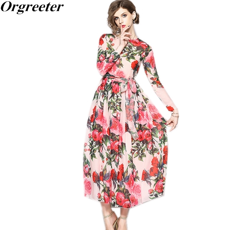 

Orgreeter Bohemian Style Chiffon Long Dress Summer Runway Retro Rose Flower Print Big Swing Beach Holiday Wear Robe 210525, Picture color