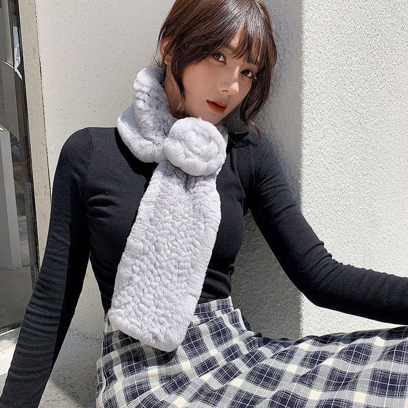 

Scarves 2021 Knitted Rex Fur Scarf Collar With Flower Women Winter Warm Wraps Shawl Girl Fashion Rings Muffler High Quality, Blue;gray