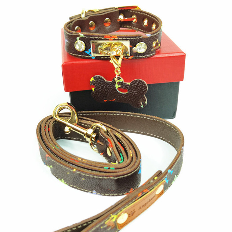 

Classic PU Leather Dog Collars Leashes Cute Pattern Teddy Bichon Collar Indoor Outdoor Durable Pet Leash Set