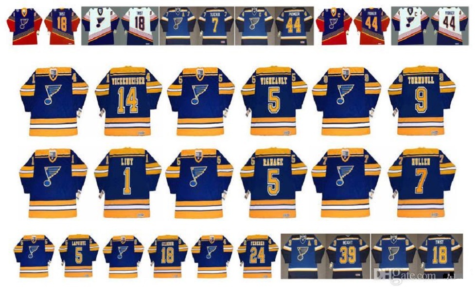 

vintage st. louis blues jersey 14 doug wickenheiser 5 alain vigneault 9 turnbull 5 rob ramage 7 joe mullen mike liut guy lapointe ccm hockey, Black