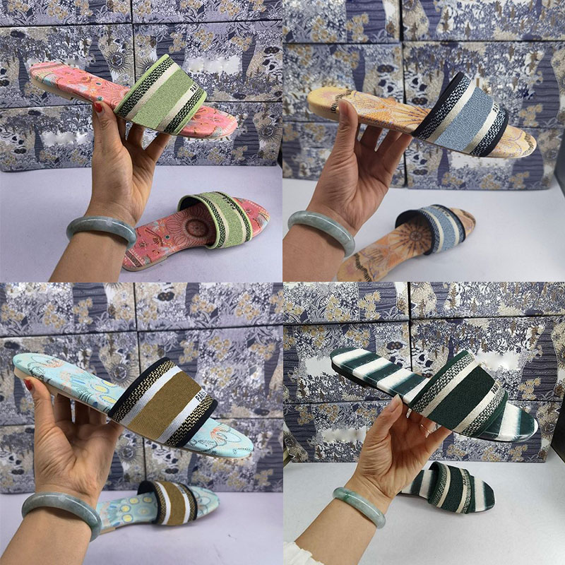 

2021 Top quality platform Women Dway Slide Slipper Ramour Sandals Fashion Embroidered Cotton Flat Flip Flops Leather Sole Silver Metallic Ca, Black