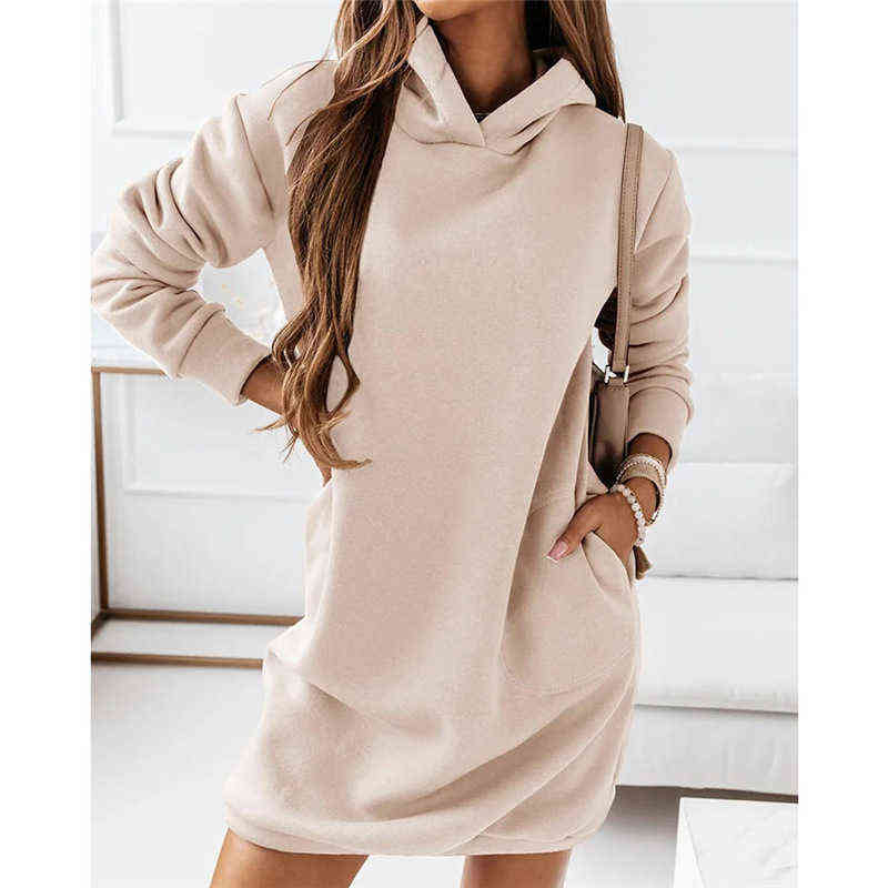 

Autumn Casual Plus Size Solid Color Hooded Fashion Dresses Women Clothing 2021 Long Sleeve Tunic Office Lady Popular Streetwear G1223, Black