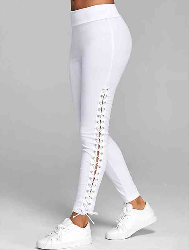 

casual fitness leggings plus size s-3xl lace up grommet leggings skinny women pencil pants black white streetwear
