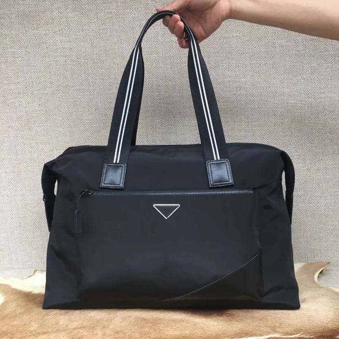 Men&#039;s black nylon and leather waterproof travel bag simple leisure suitcase sports outdoor large capacity classic handbag-image-692697516