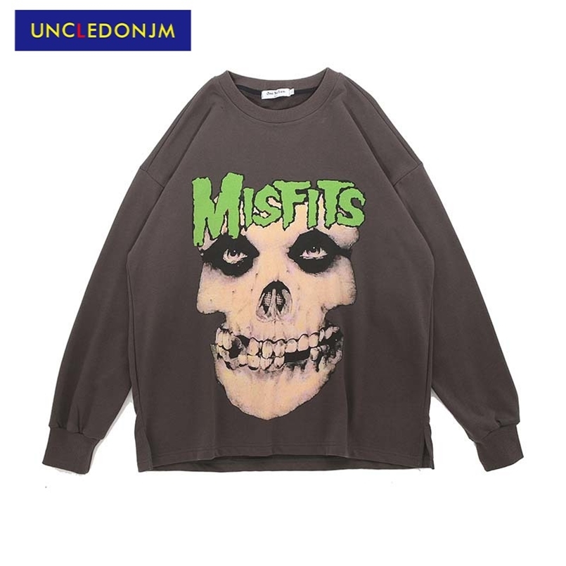

UNCLEDONJM Skulls print long sleeve t-shirt Men's High Street Hip-hop Rap Loose Tie dyed Tops Tee LY-1001 210721, Gray