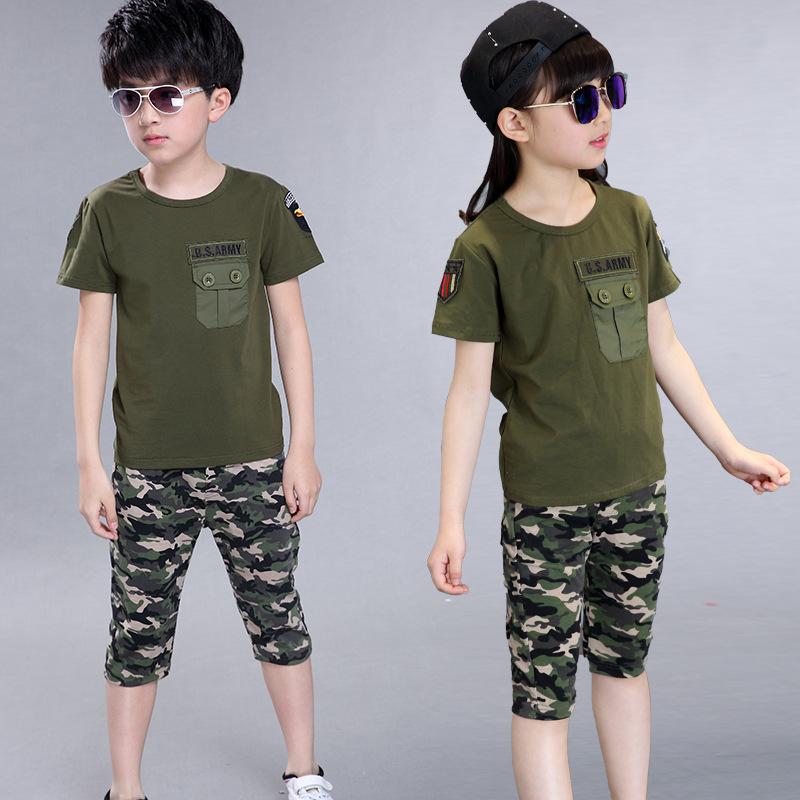 

Clothing Sets Summer Children Military Camouflage Boy T-shirt + Shorts 2pcs Set Girl Cotton Army Green Sports Print Pant Suit