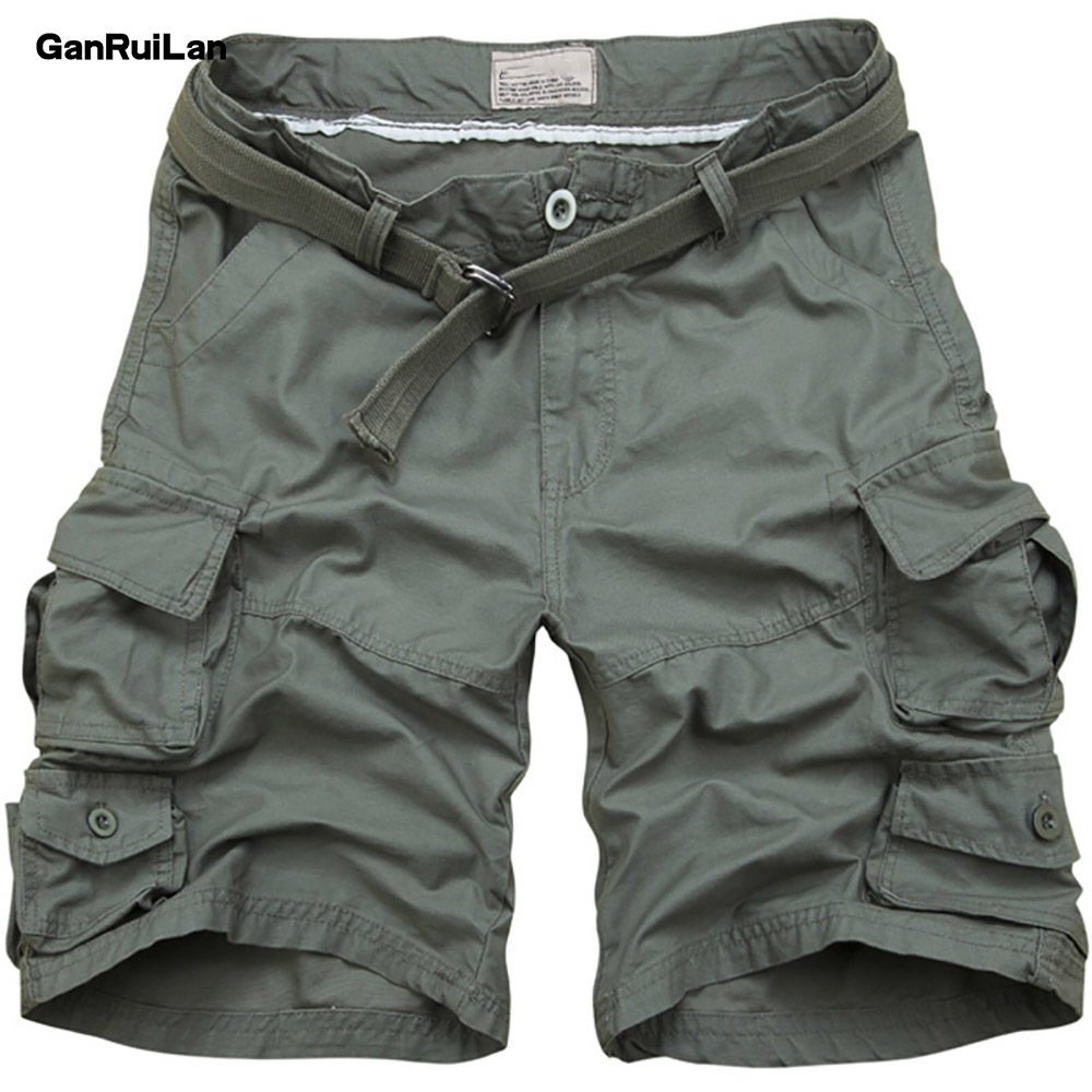 

Multi-pocket Camouflage Mens Shorts Summer Casual Loose Camo Knee-length Mens Cargo Shorts With Belt B0902 210518, Beige color