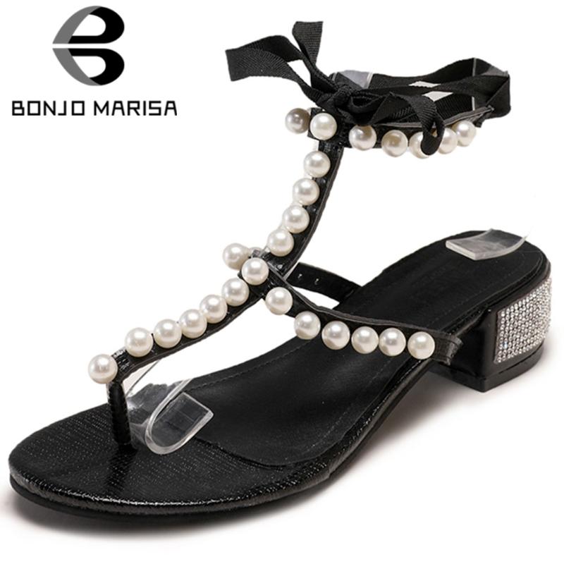 

Sandals BONJOMARISA Lady Sweet Summer Pearl Thin Belt Butterfly Knot Women Lace Up Gladiator Bling Crystal Shoes Woman, Black
