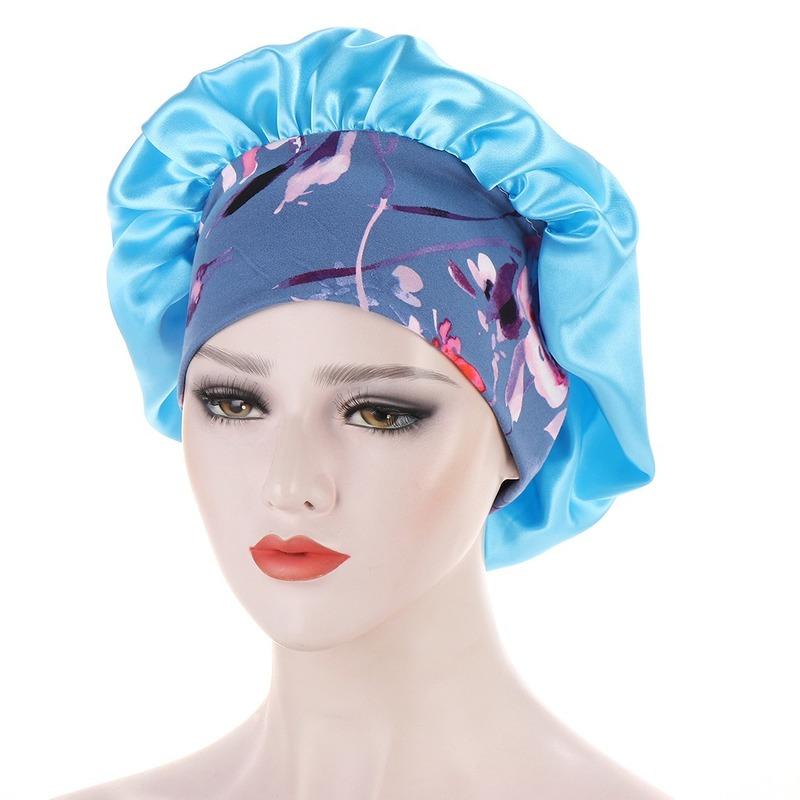 

Beanie/Skull Caps Satin Bonnets Hair Women Floral Wide Elastic Band Soft Silky Headwrap Ladies Cover Night Sleeping Cap 2021, Blue;gray
