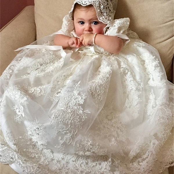 Girl&#039;s Dresses Ivory White Long Christening Gown for Baby Girls Lace Pearls Short Sleeve Baptism Dress with Bonnet 1027-image-692278602