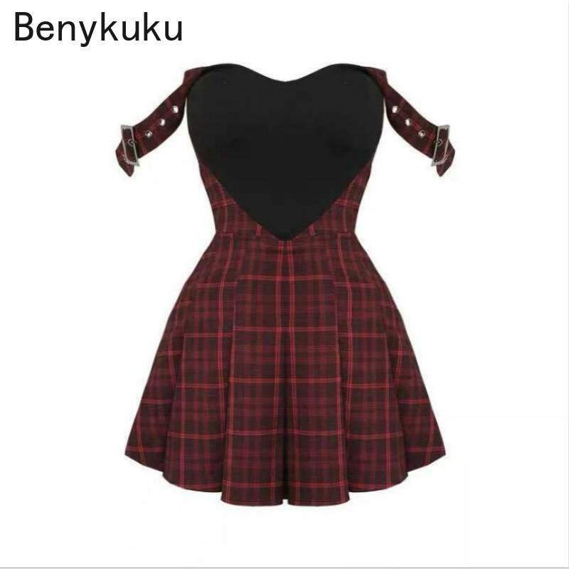

Casual Dresses Summer Women Black Red Plaid Pleated Dress Backless Grunge Rock Punk Gothic Girls Sexy Party Female Mini Short, Red plaid dress