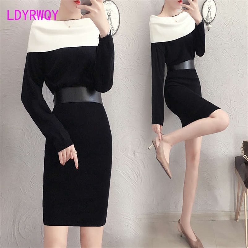 

LDYRWQY Long-sleeved knitted dress spring women's waist bottoming temperament knitting Cotton Office Lady Sheath 210603, Black