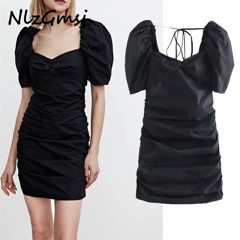 

Dres solid French square collar pleated slim open back lace up bubble sleeve women's Mini Skirt 04 210628, As picture
