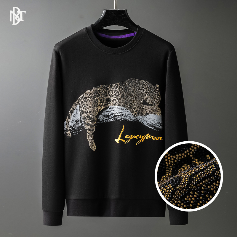 

sweater 2021 autumn new leopard diamond print men's round neck trend handsome long sve bottoming shirt, Black