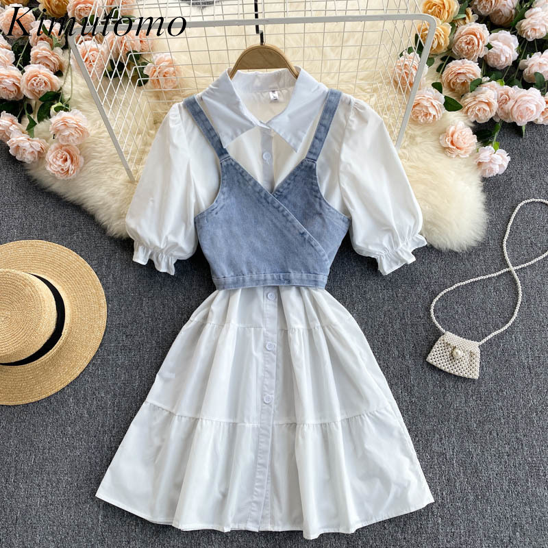 

Kimutomo Vintage Chic Suit Women Hong Kong Style Short Puff Sleeve White Shirt Dress + Solid Color Denim Sling Two Piece Set 210521