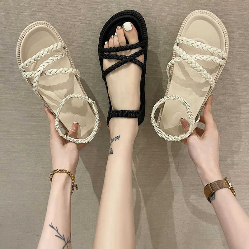 

Fashion Solid Color PU Leather Sandals New Summer Korean Round Toe Platform Sandals Casual Buckle Flat Platform Beach Shoes Y0721, Black
