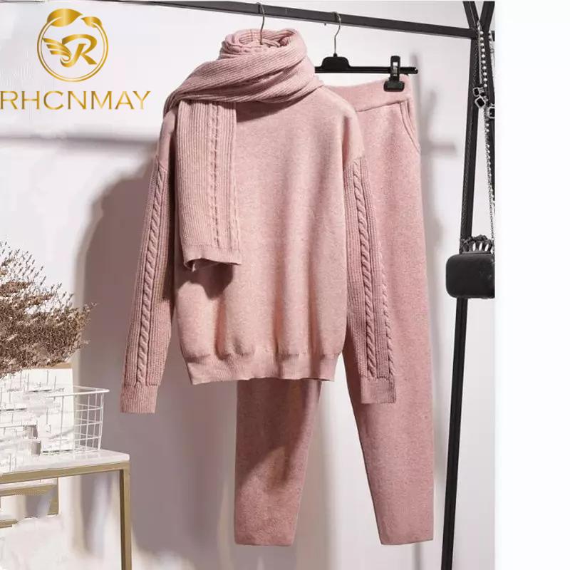 

Women's Two Piece Pants Autumn Winter Warm Knitted Tracksuit Half High Collar Sweater Elastic Waist Scarf Casual 3 Set Women Outfit, White