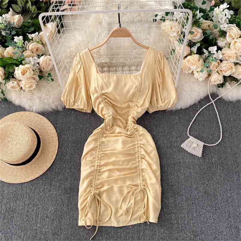 

Chic French Style Summer Dress Vintage Square Collar Puff Sleeve Drawstring Pleated Slim Short Sexy Women's 210603, White