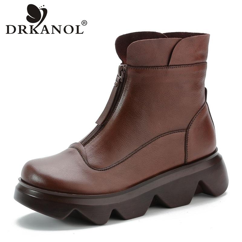 

Boots DRKANOL Spring Autumn Women Ankle Thick Bottom Vintage Handmade Genuine Leather Wedges Platform Casual Brown, Black