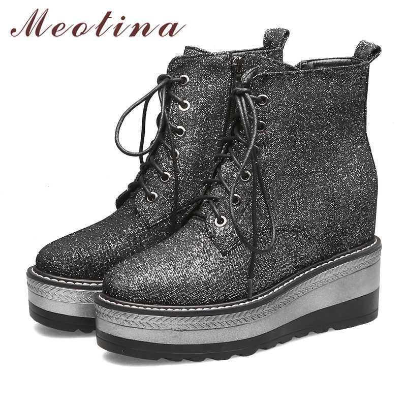 

Meotina Autumn Ankle Boots Women Boots Zipper Platform Wedge High Heel Short Boots Lace Up Round Toe Shoes Ladies Size 34-39 210608, Black