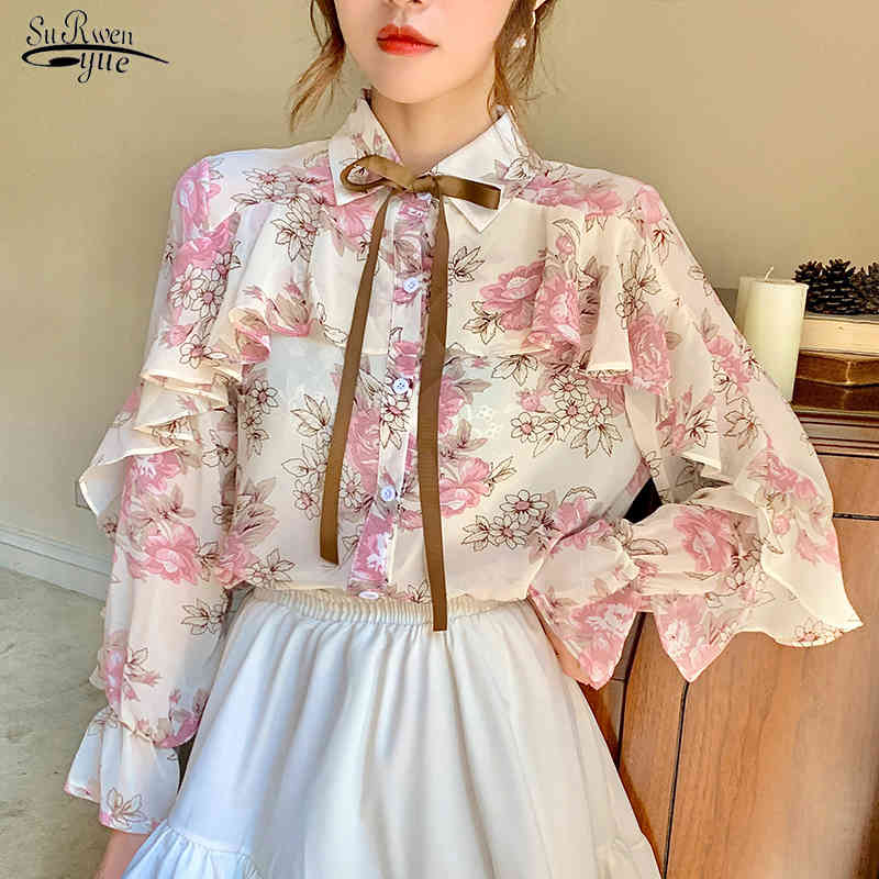 

Autumn Puff Long Sleeve Floral Women Blouse Office Chiffon Cardigan Shirts Women Korean Ladies Tops Blusas Mujer 10449 210518, Pink