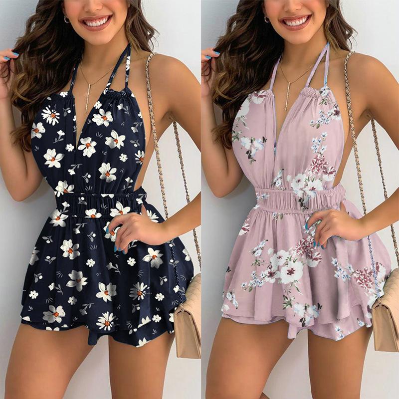

Casual Dresses Suspender Women Dress Floral Printed Backless Ruffle Summer 2022 Trend Fashion V-neck Pink, Black;gray