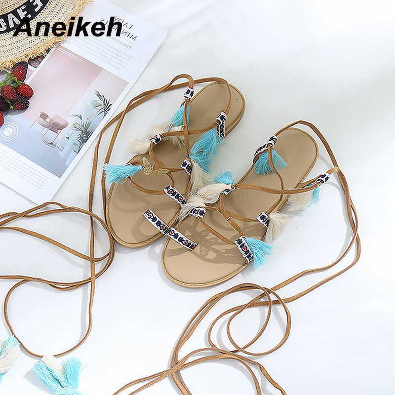

Aneikeh Summer Casual Women's Shoes Flat With Thong Modern Sandalias Fringe Flock Cross-Tied Novelty Ankle Strap Patchwork Rome 210615, Apricot