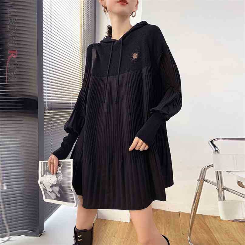 

autumn and winter mini knitted loose hooded collar all-match streetwear black dress for women fashion 2A2462 210526