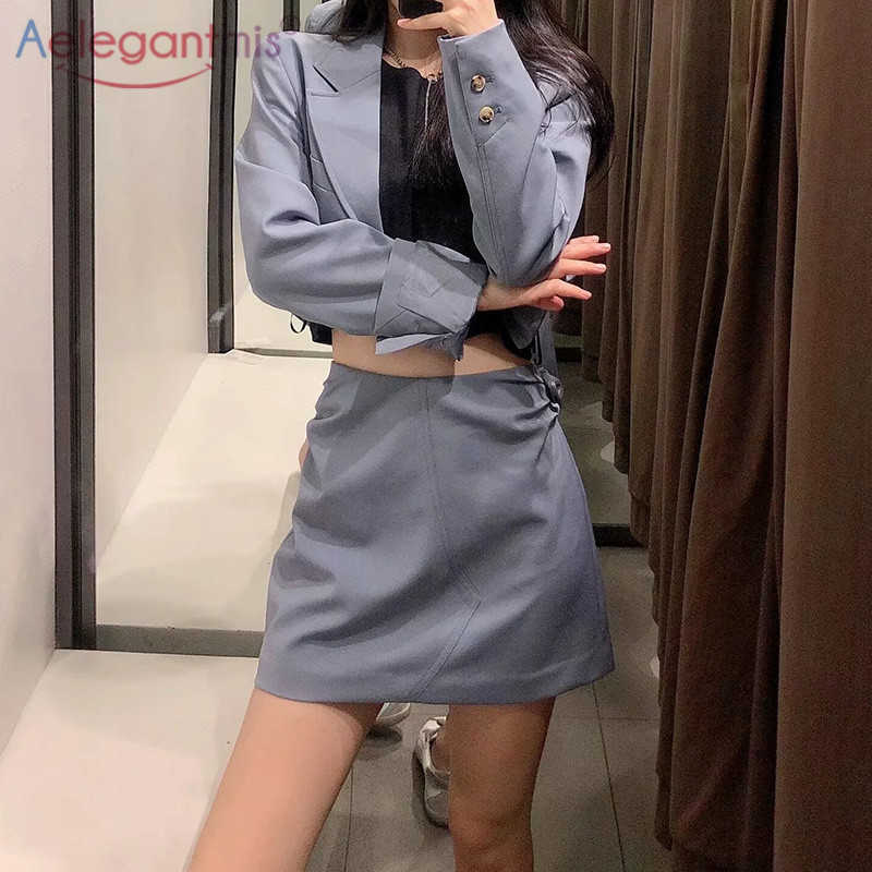 

Aelegantmis Women 2 Piece Short Set with Blazer Long Sleeve Sexy Slim Folds Mini Skirt Pleat Korea Chic Suits 210607