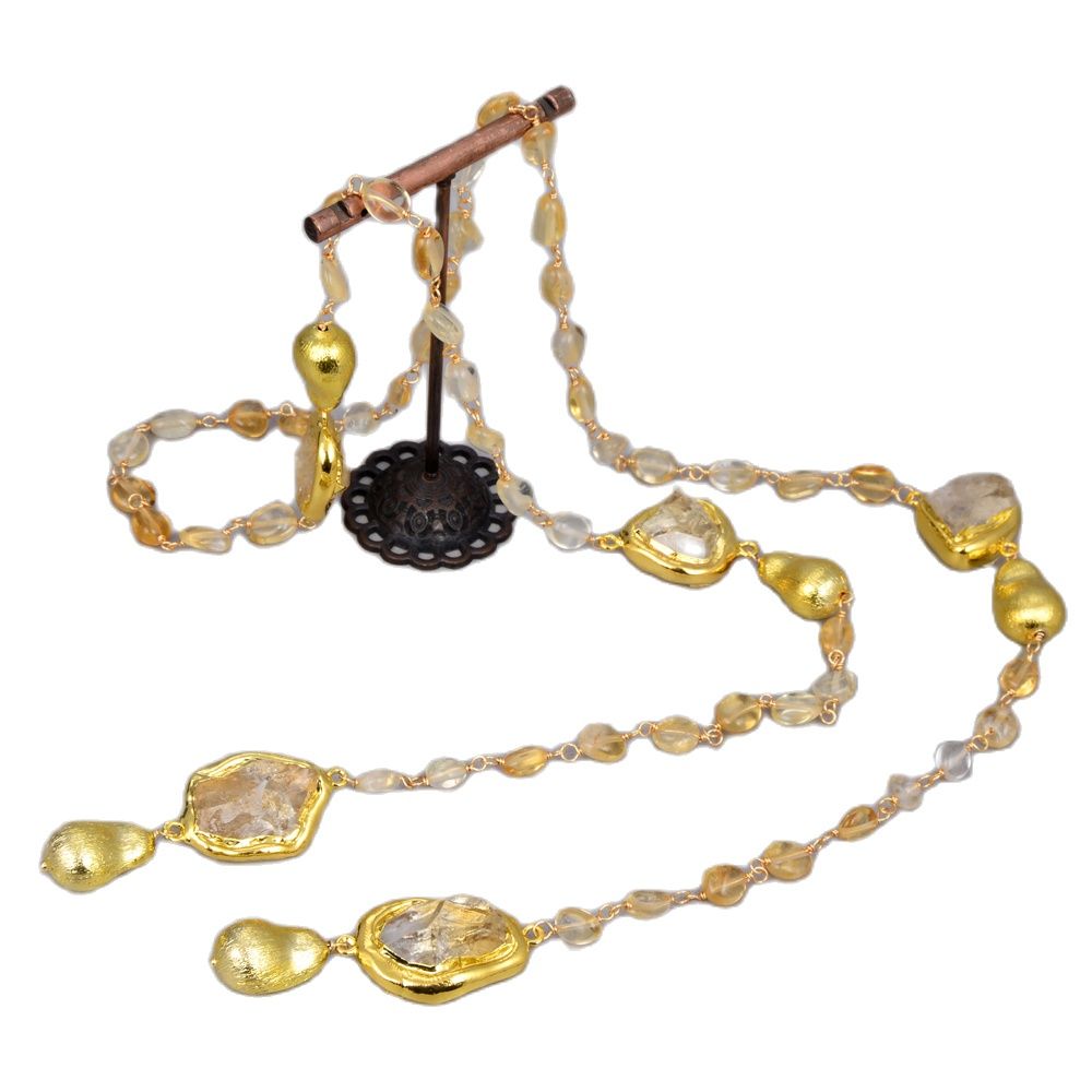 

GuaiGuai Jewelry Yellow Citrines Gold Color Plated Brushed Bead Long Necklace 40" Sweater Chain Necklace Handmade For Women Real Gems Stone Lady Fashion Jewellery
