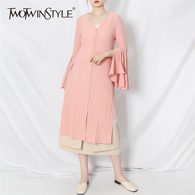 

Pink Casual Knitted Shirts For Women V Neck Flare Sleeve Side Split Blouse Female Summer Fashion Clothing 210520, Gray