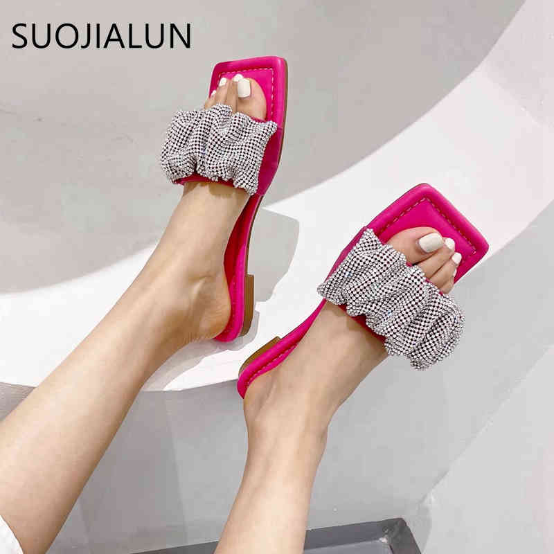

SUOJAILUN 2021 New Brand Women Slippers Fashion Bling Rhinestone Slides Summer Outdoor Beach Sandals Flat Flip Flop Big Size 41 K78, Black
