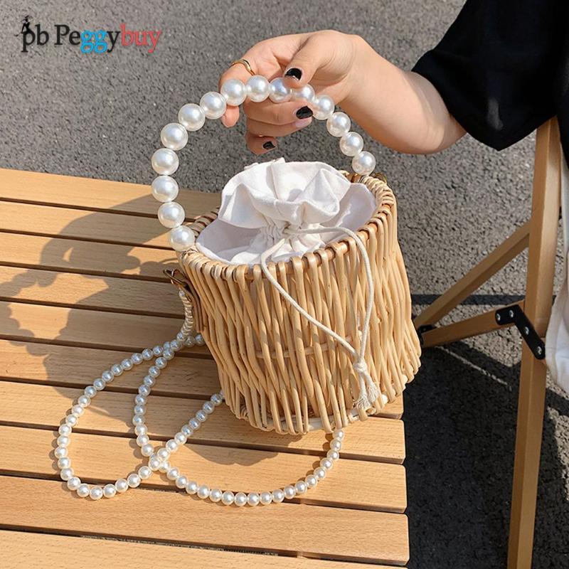 

Cross Body Women Summer Rattan Woven Bag Basket Shoulder Crossbody Fashion Bucket Handbags Collection Korean Style Casual, As pic