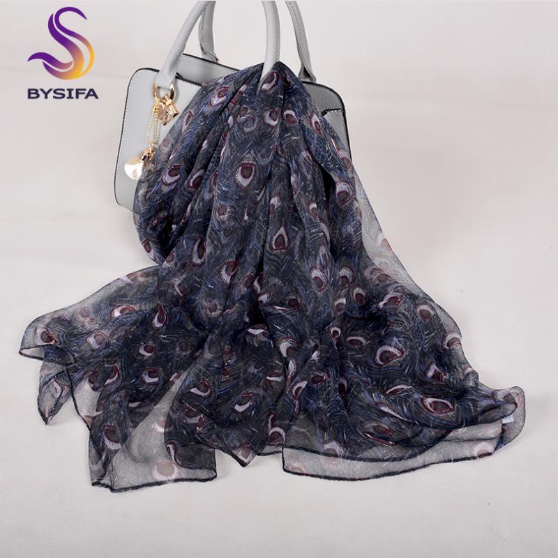 

[BYSIFA] Purple Blue Silk Scarf Women Fashion Accessories Peacock Feather Design Long Scarves Autumn Winter Top Grade Bandanas