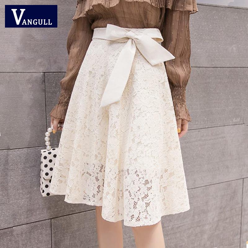 

Skirts Vangull Plus Size Lace Womens Summer Flower Cutout High Waist A-line Knee-Length Big Skirt Bow Tie Sweet Feminine, Black