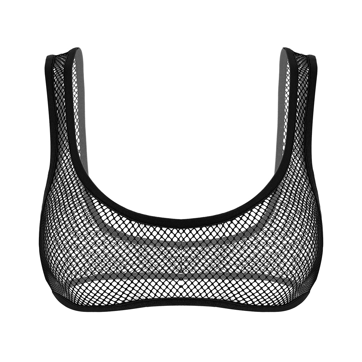 

Women Hot Sexy Lingerie See Through Fishnet Wide Shoulder Straps Deep U-neck Erotic Crop Tops Transparent Mesh Bra Top