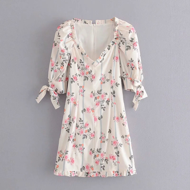 

Women French Vintage Floral Striped Lace-up Cuff Mini Dress Fashion Female Sexy Deep V-Neck with Lining Dresses 210520, Blue