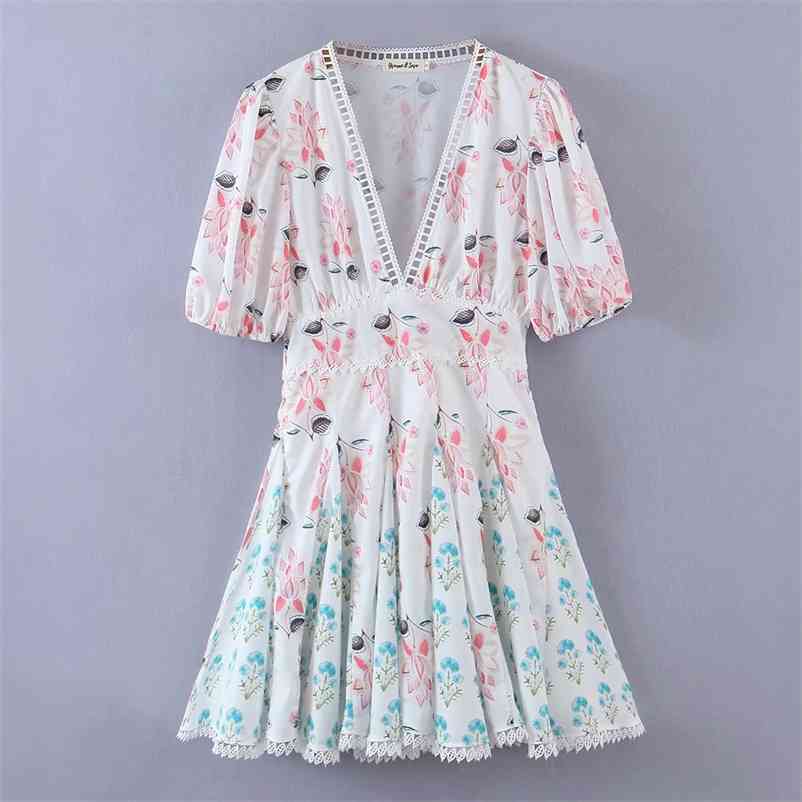 

women summer pleated dress Fashion small floral short lantern sleeve A-line Slim dresses for female 210524, Mixed color