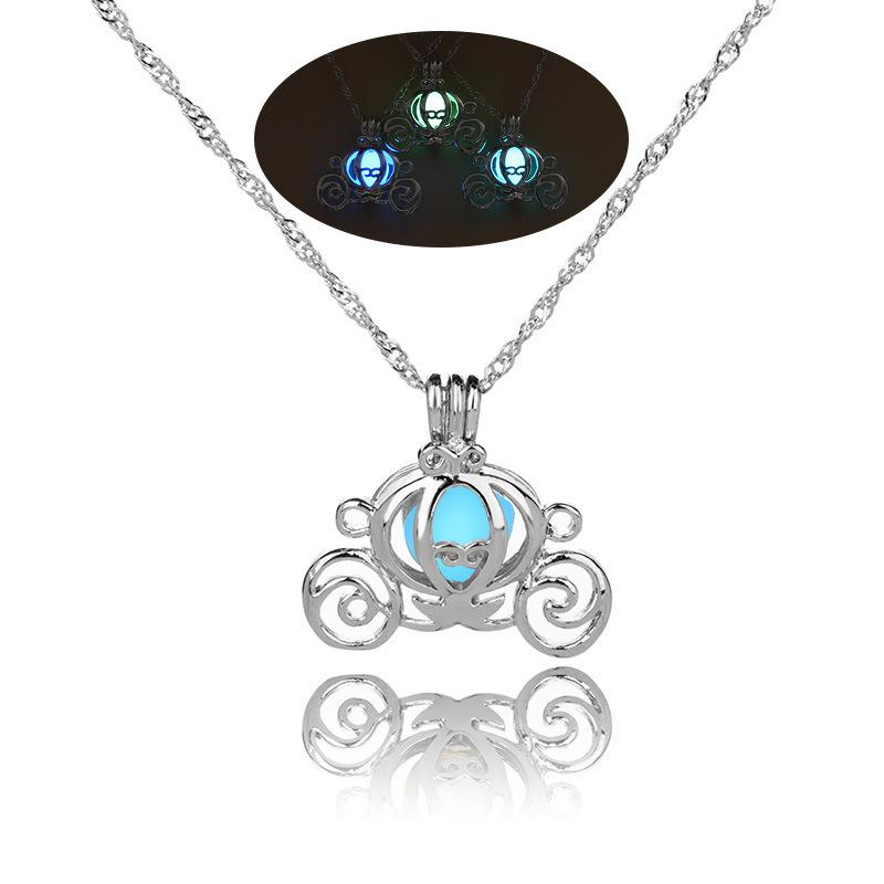 

Chains Fairy Luminous Stone Hollow Pumpkin Car Pendant Necklace For Cinderella Summer Party Heart Chain Choker Jewelry Gift, Silver